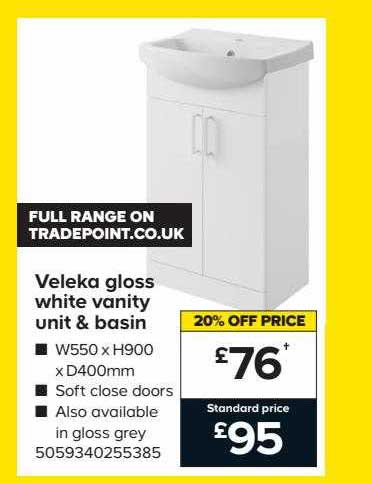 TradePoint Veleka Gloss White Vanity Unit & Basin