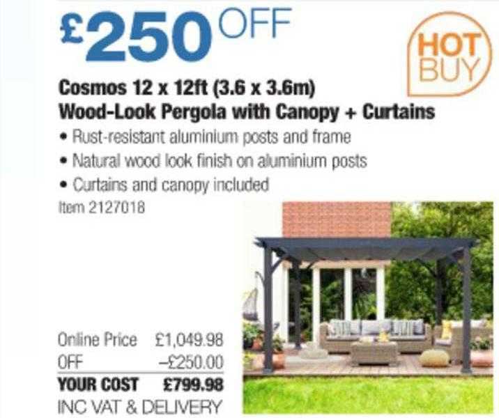 Costco Cosmos 12 X 12ft (3.36x3.6m) Wood-look Pergola With Canopy + Curtains