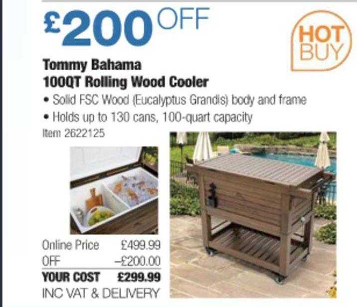 Tommy Bahama 100qt Rolling Wood Cooler Offer at Costco