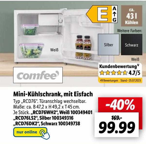 Comfee' Mini-kühlschrank, Mit Eisfach Typ „rcd76“ Angebot bei Lidl