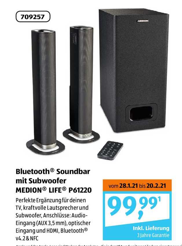 Medion Life P61220 Oder Md44202 Bluetooth Soundbar Mit Subwoofer Angebot bei Nord