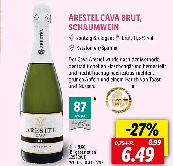 Angebot Cava Brut, bei Schaumwein Arestel Lidl