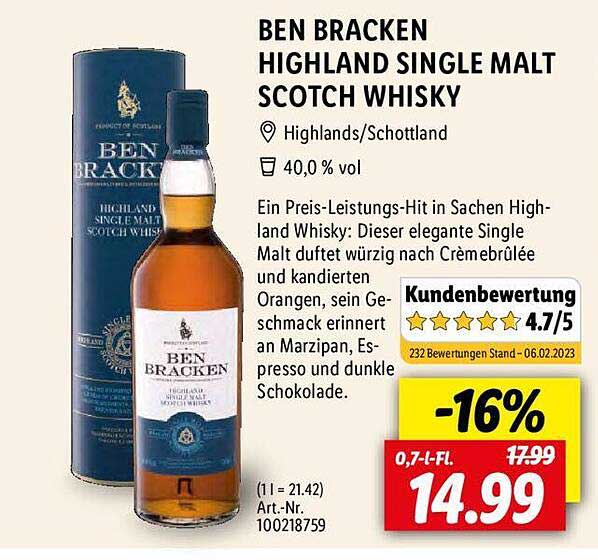 Lidl Ben Bracken Highland Single Malt Scotch Whisky