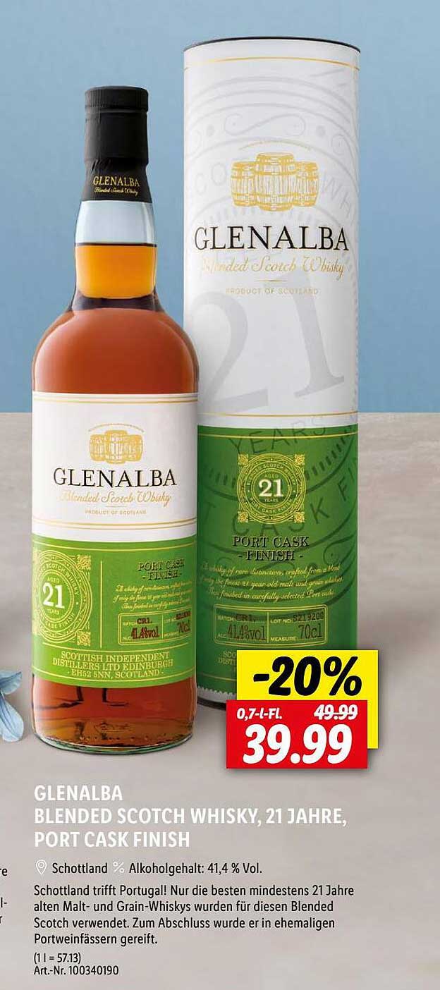 Glenalba Blended Scotch Whisky, 21 Jahre Port Cask Finish Angebot bei