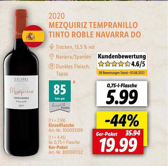 2020 Tempranillo bei Lidl Navarra Angebot Roble Mezquiriz Do Tinto