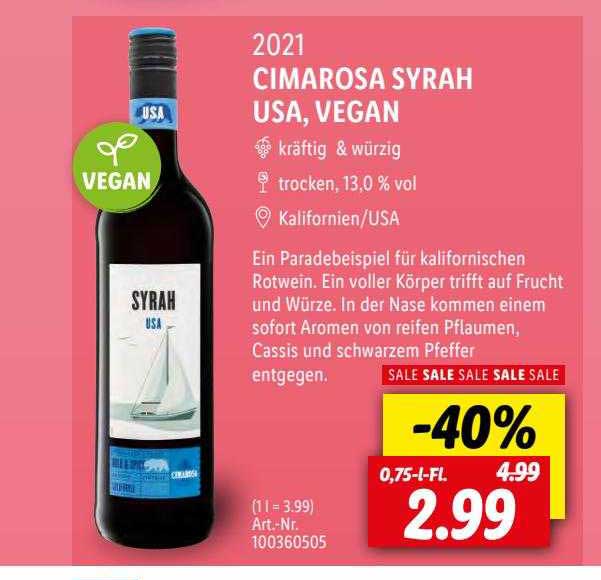 2021 Cimarosa Syrah bei Usa, Angebot Vegan Lidl