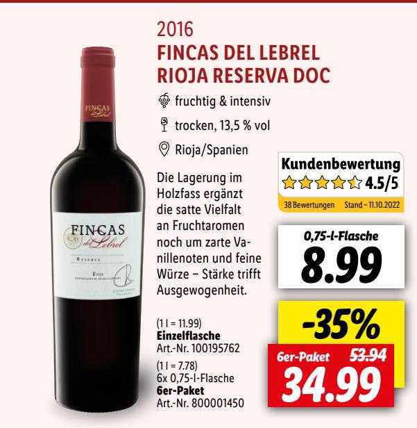 Lidl 2016 Fincas Del Lebrel Rioja Reserva Doc