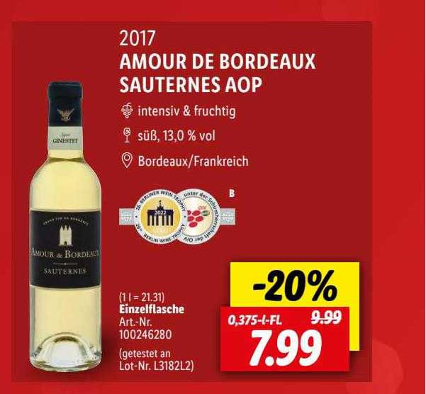 Lidl 2017 Amour De Bordeaux Sauternes Aop