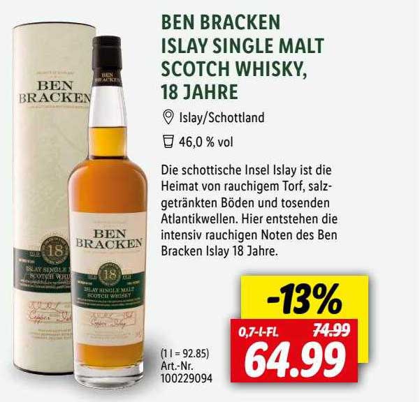 Lidl Ben Bracken Islay Single Malt Scotch Whisky, 18 Jahre