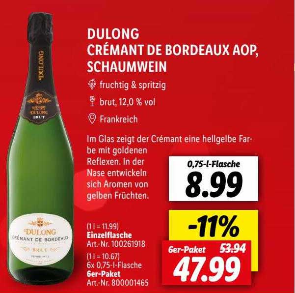 Dulong Crémant De Bordeaux Aop, Schaumwein Angebot bei Lidl