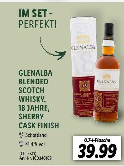 Lidl Glenalba Blended Scotch Whisky, 18 Jahre, Sherry Cask Finish
