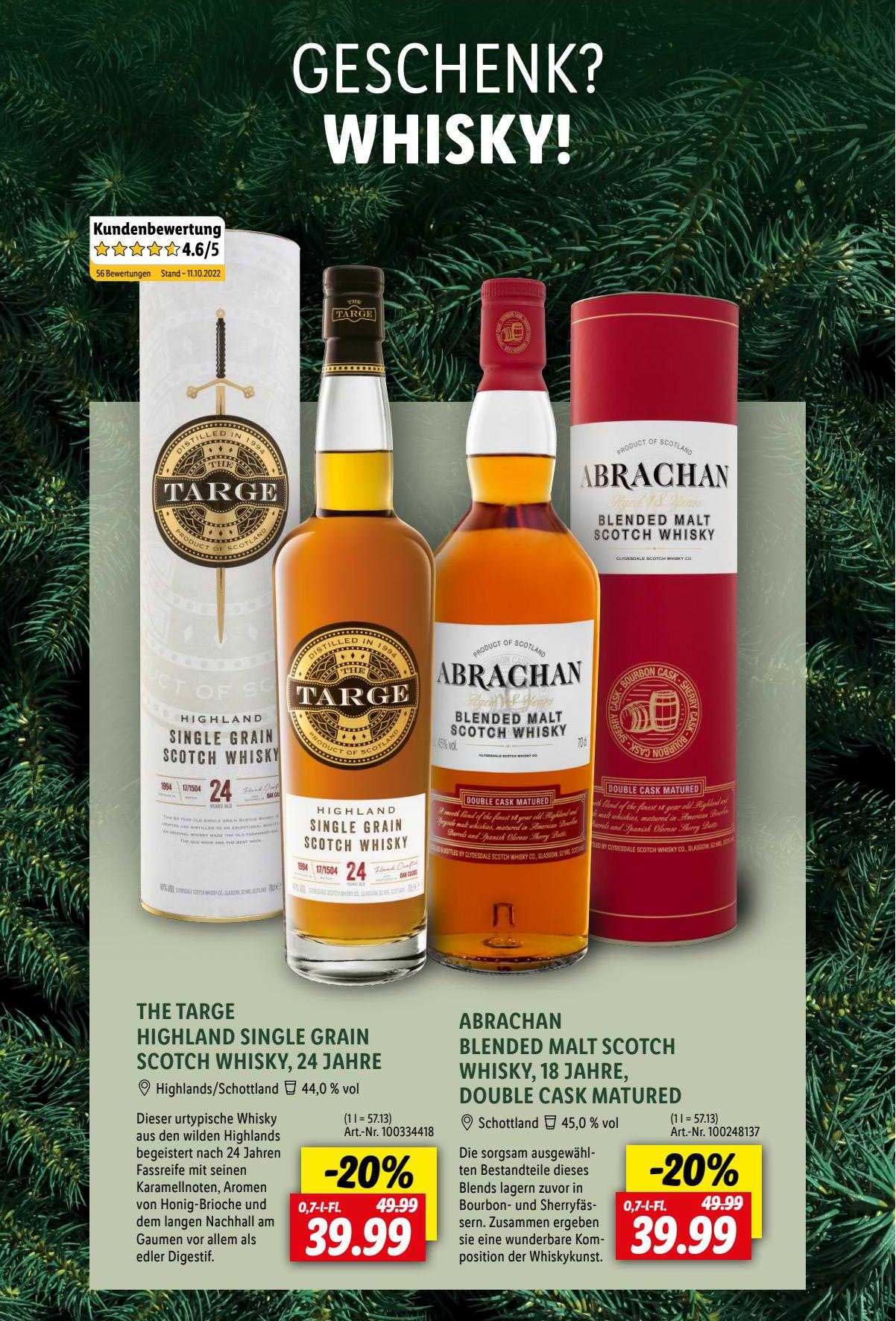 Lidl The Targe Highland Single Grain Scotch Whisky,24 Jahre Oder Abrachan Blended Malt Scotch Whisky, 18 Jahre, Double Cask Matured