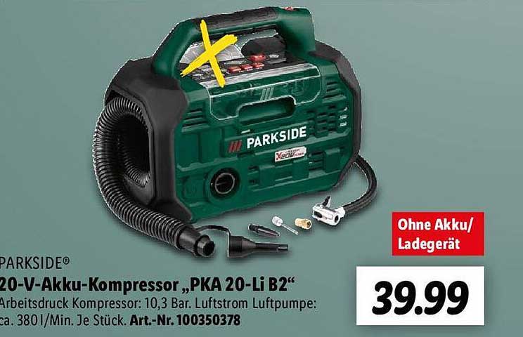 bei Parkside Angebot Pka B2 Lidl 20-v-akku-kompressor 20-li