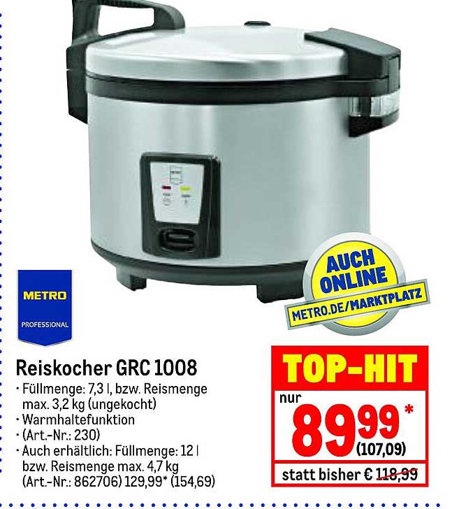Cuiseur à Riz Professionnel METRO GRC1008 - 3,6 L, 1250 W, Acier Inoxydable, Pour Restaurants Et Usage Intensif