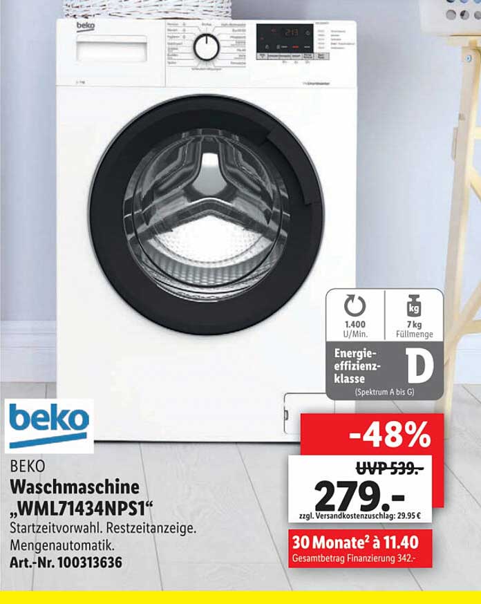 Lidl bei Waschmaschine Angebot „wml71434nps1” Beko