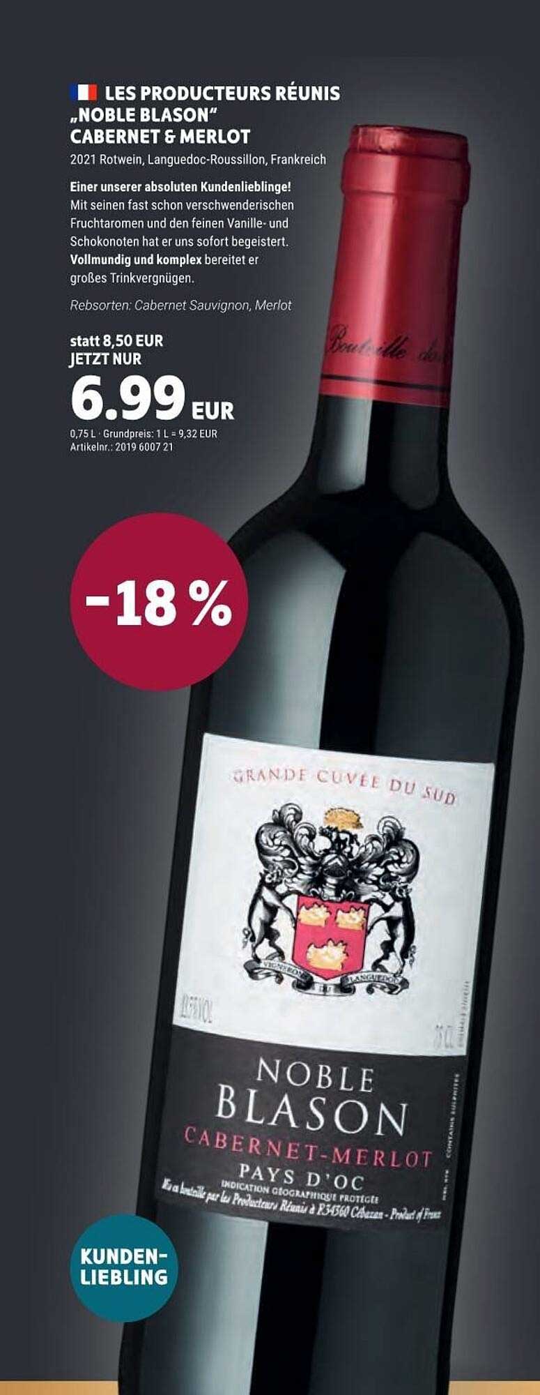 Vino Weinmarkt Les Producteurs Réunis „noble Blason“ Cabernet & Merlot