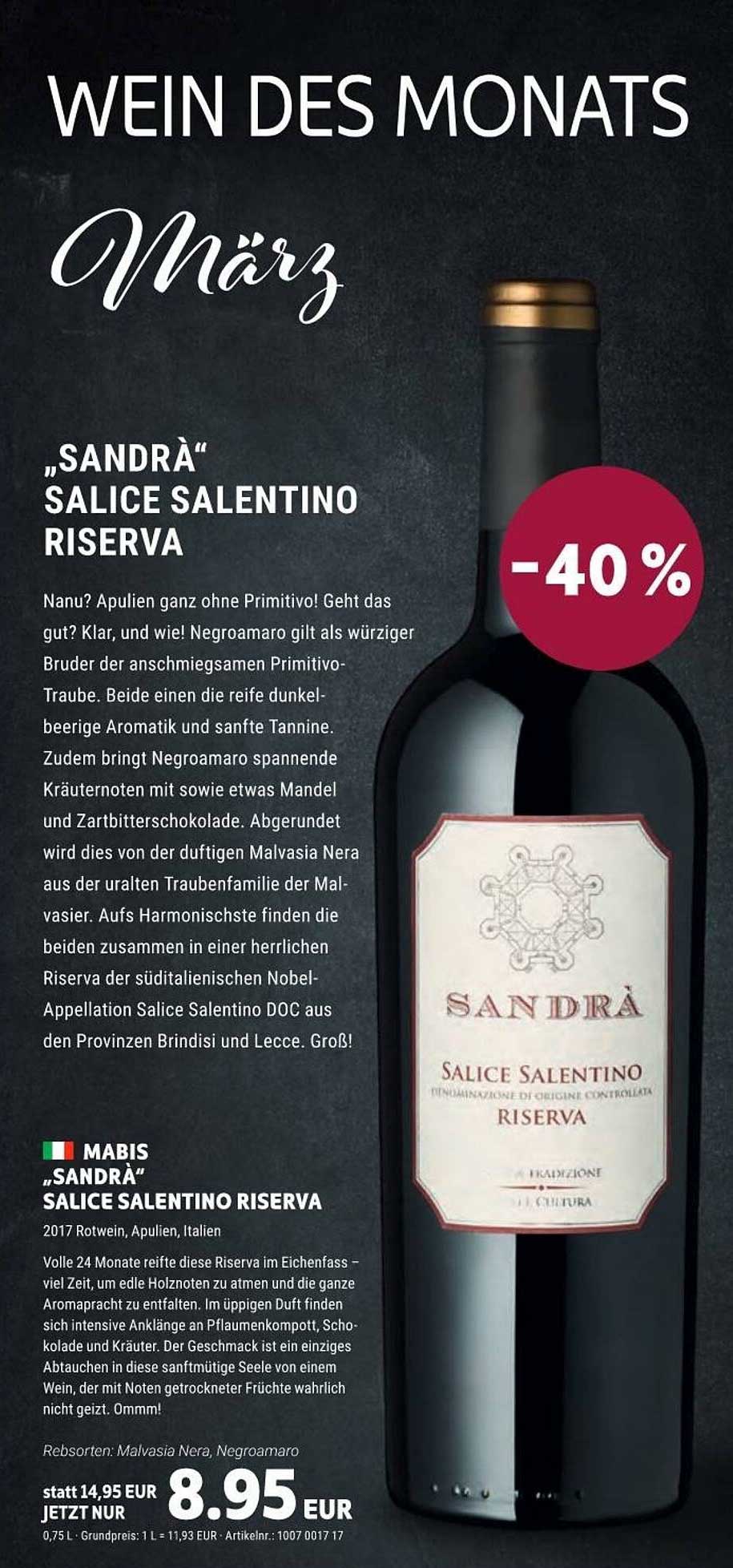 Vino Weinmarkt Mabis „sandrà“ Salice Salentino Riserva