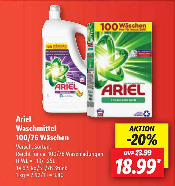 Ariel Waschmittel 100 76 Wäschen Angebot bei Lidl