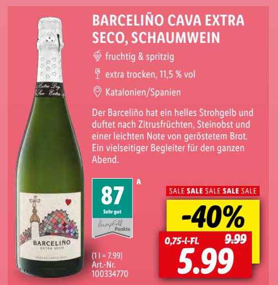 Barceliño Cava Extra Seco, Schaumwein Angebot bei Lidl | Champagner & Sekt
