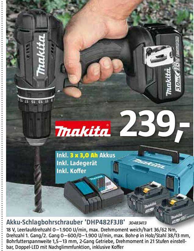 Makita Akkuschlagbohrschrauber 'dhp482f3jb' Angebot bei Bauhaus