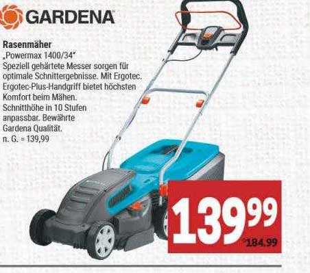 Tondeuse Électrique Gardena PowerMax 1400/34 – 1400 W, Largeur 34 Cm, Bac 40 L, Réglage Hauteur Centralisé