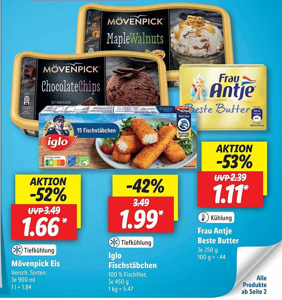 Mövenpick Eis, Iglo Fischstäbchen, Frau Antje Beste Butter Angebot bei