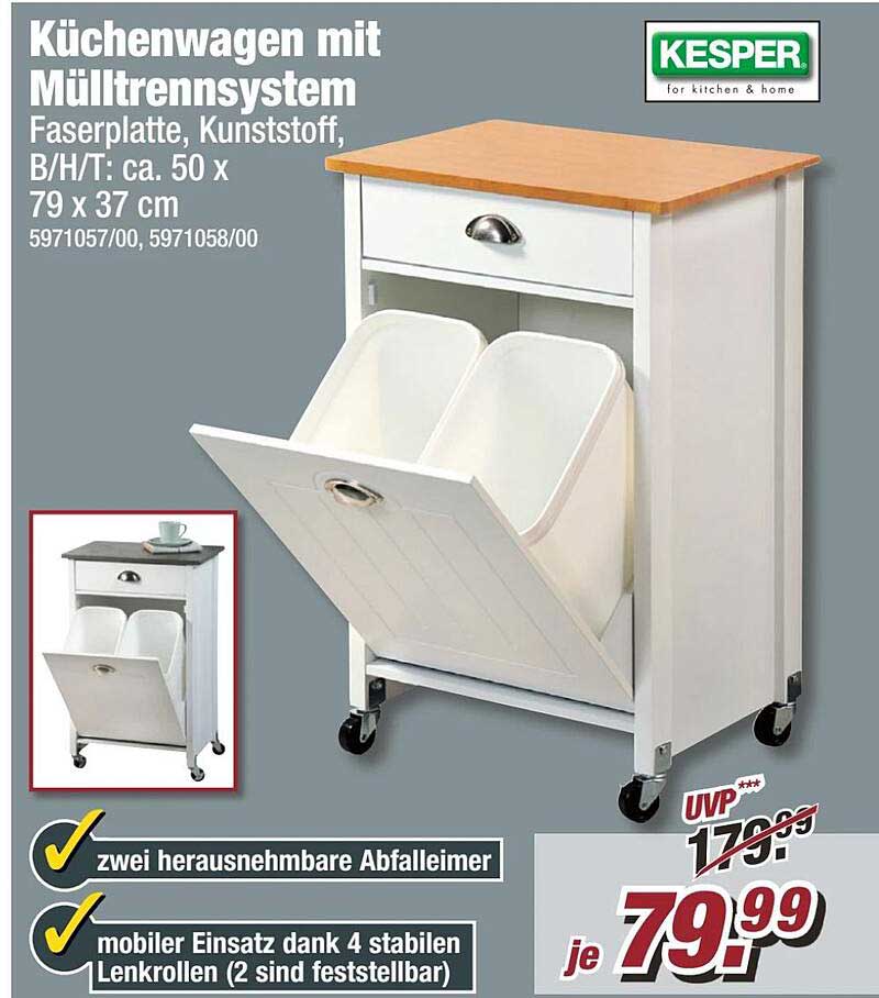 Kesper Keukenwagen Met Afvalscheiding - Wit/Grijs 50x79x37 Cm Met 2 Emmers