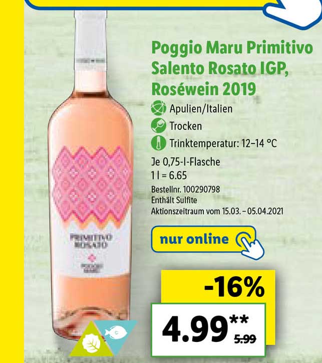 Poggio Maru Rosato 2019 Salento Primitivo Lidl Roséwein Angebot bei Igp