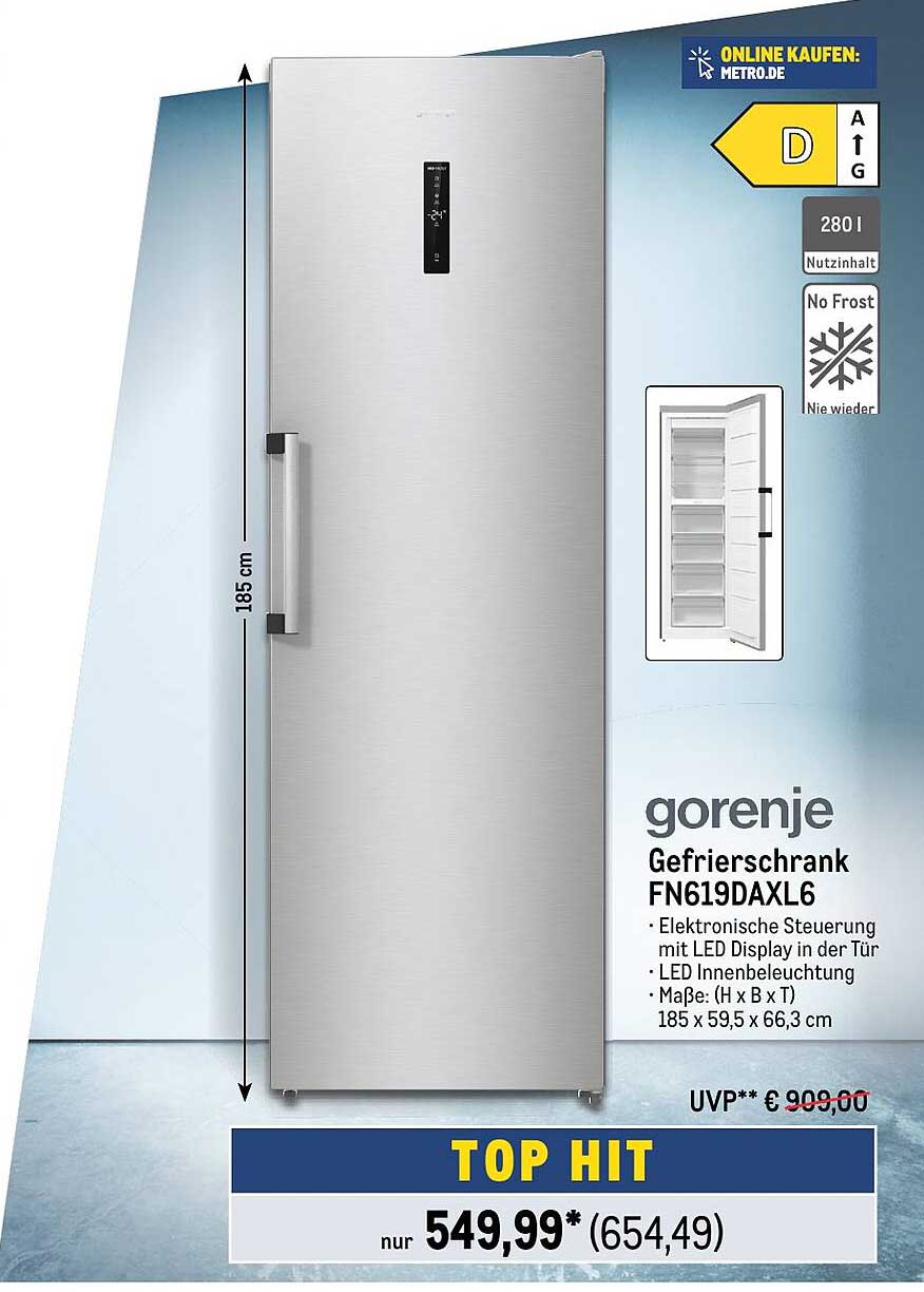 Gorenje FNC618D6XWF Gefrierschrank Freistehend – 312 Liter, 185 Cm Höhe, SmartFit, AdaptTech KI-Temperaturregelung, Convert -24°C Bis +8°C, ConnectLife WiFi, Inverter, Edelstahl