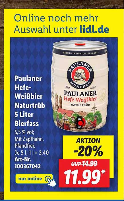 Paulaner Hefe-weißbier Naturtrüb 5 Liter Bierfass Angebot bei Lidl