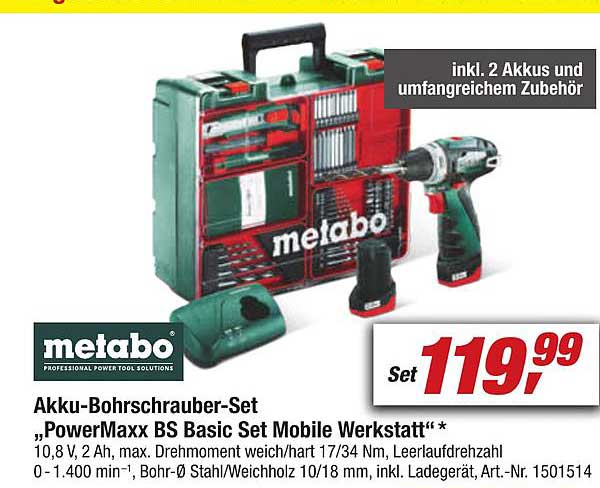 Metabo Akku Bohrschrauber Set Powermaxx Bs Basic Set Mobile Werkstatt