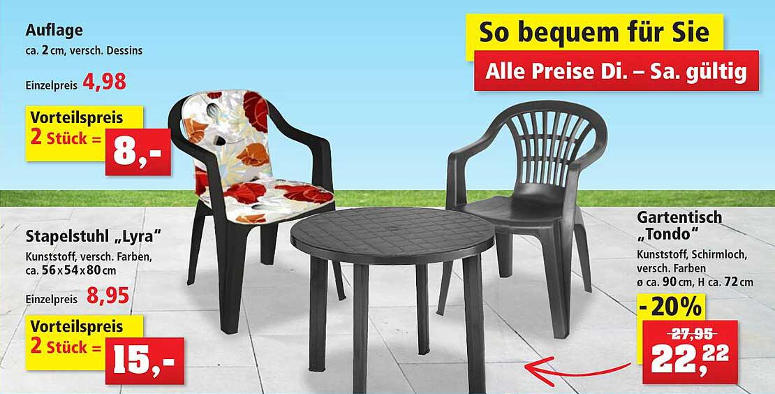 Auflage, Stapelstuhl Lyra, Gartentisch Tondo Angebot bei Thomas Philipps