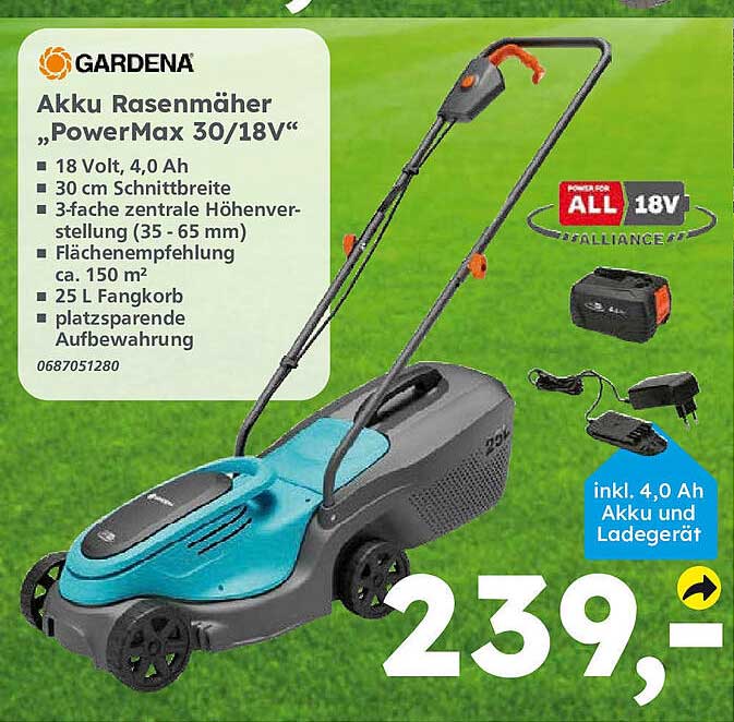 Gardena Akku Rasenmäher Powermax 3018v Angebot bei Globus Baumarkt