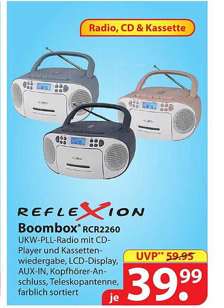 Kassette und AUX-IN CD Reflexion Boombox RCR2260 weiß/blau mit Radio