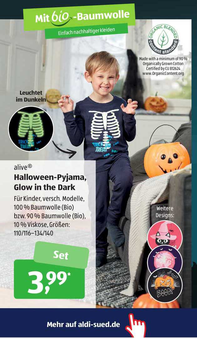 spelen effect werkgelegenheid Alive Halloween Pyjama Glow In The Dark Angebot bei ALDI sud