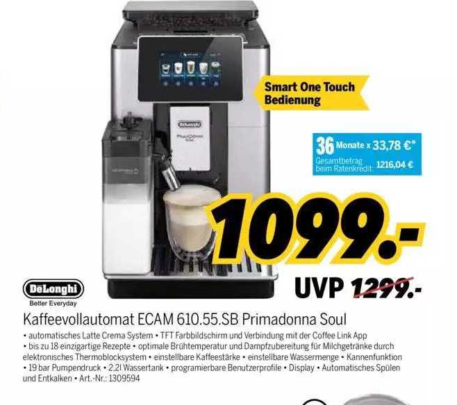 MEDIMAX Delonghi Kaffeevollautomat Ecam 610.55.sb Primadonna Soul