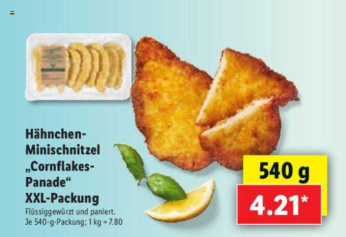 Lidl Hähnchen „cornflakes Panade” Angebot Packung XXL Minischnitzel bei