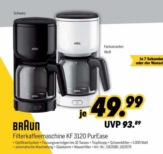 Cafetière Filtre Braun KF 3120 BK PurEase - Préparation Facile, Arrêt Gouttes, Filtre Intégré