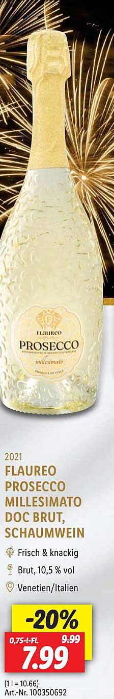 Schaumwein bei Flaureo Brut, 2021 Prosecco Angebot Lidl Millesimato Doc