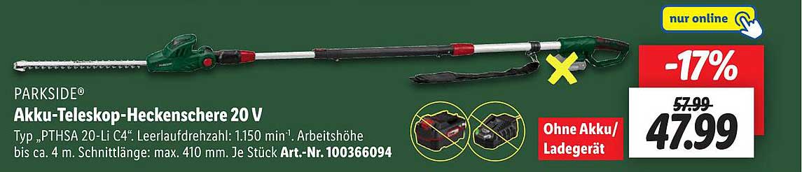 Parkside Akkuteleskopheckenschere 20 V Angebot bei Lidl 1Prospekte.de