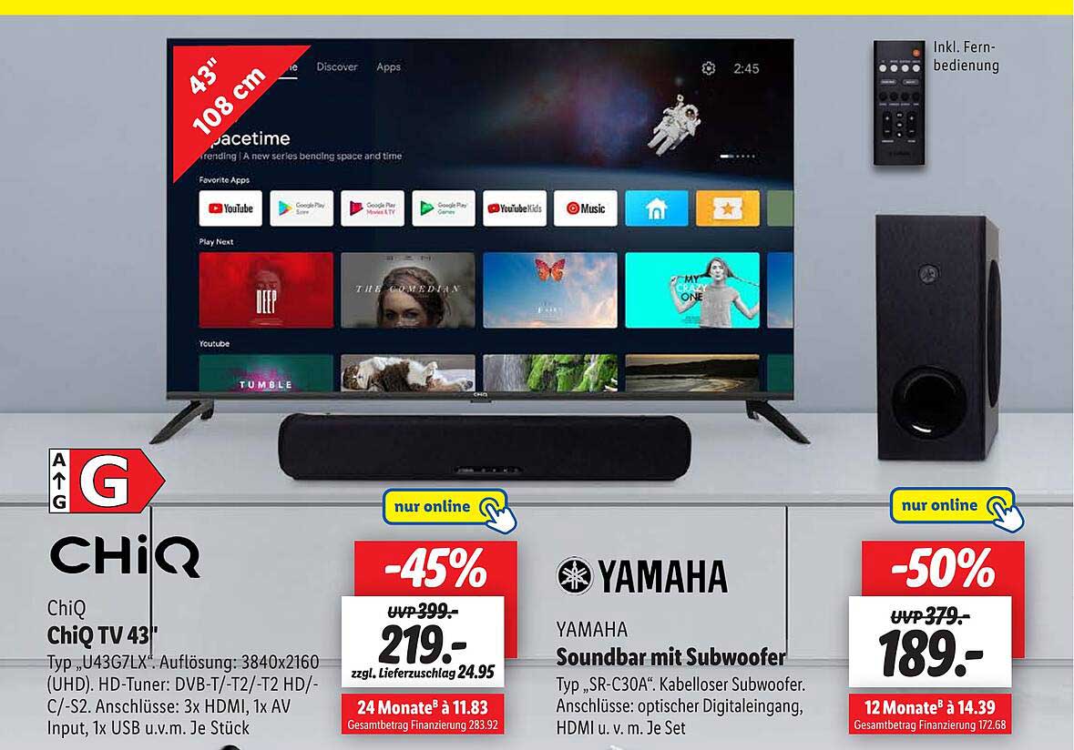 Chiq TV 43' Oder Yamaha Soundbar Mit Subwoofer Angebot bei Lidl