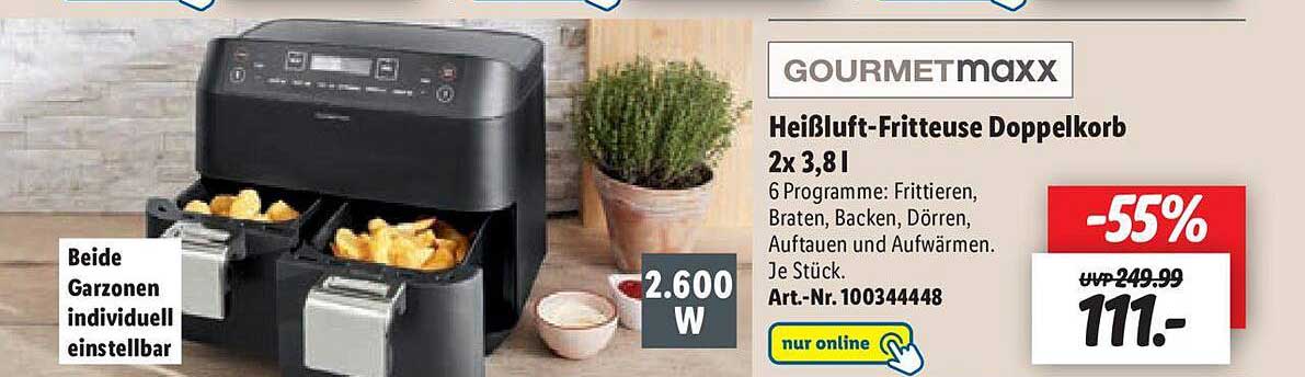Gourmetmaxx Heißluft-fritteuse Doppelkorb 2x 3,8 Angebot bei L Lidl