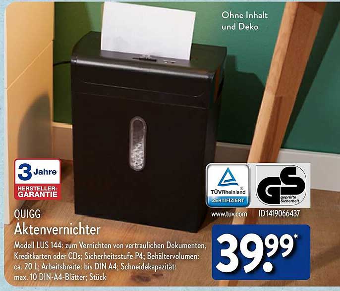 Quigg Aktenvernichter Angebot bei ALDI Nord 1Prospekte.de