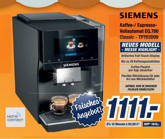 Expert Bening Siemens Kaffee- Espresso-vollautomat Eq.700 Classic Tp703d09