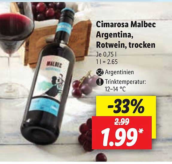 Lidl Angebot Trocken Argentina, Malbec Rotwein, bei Cimarosa