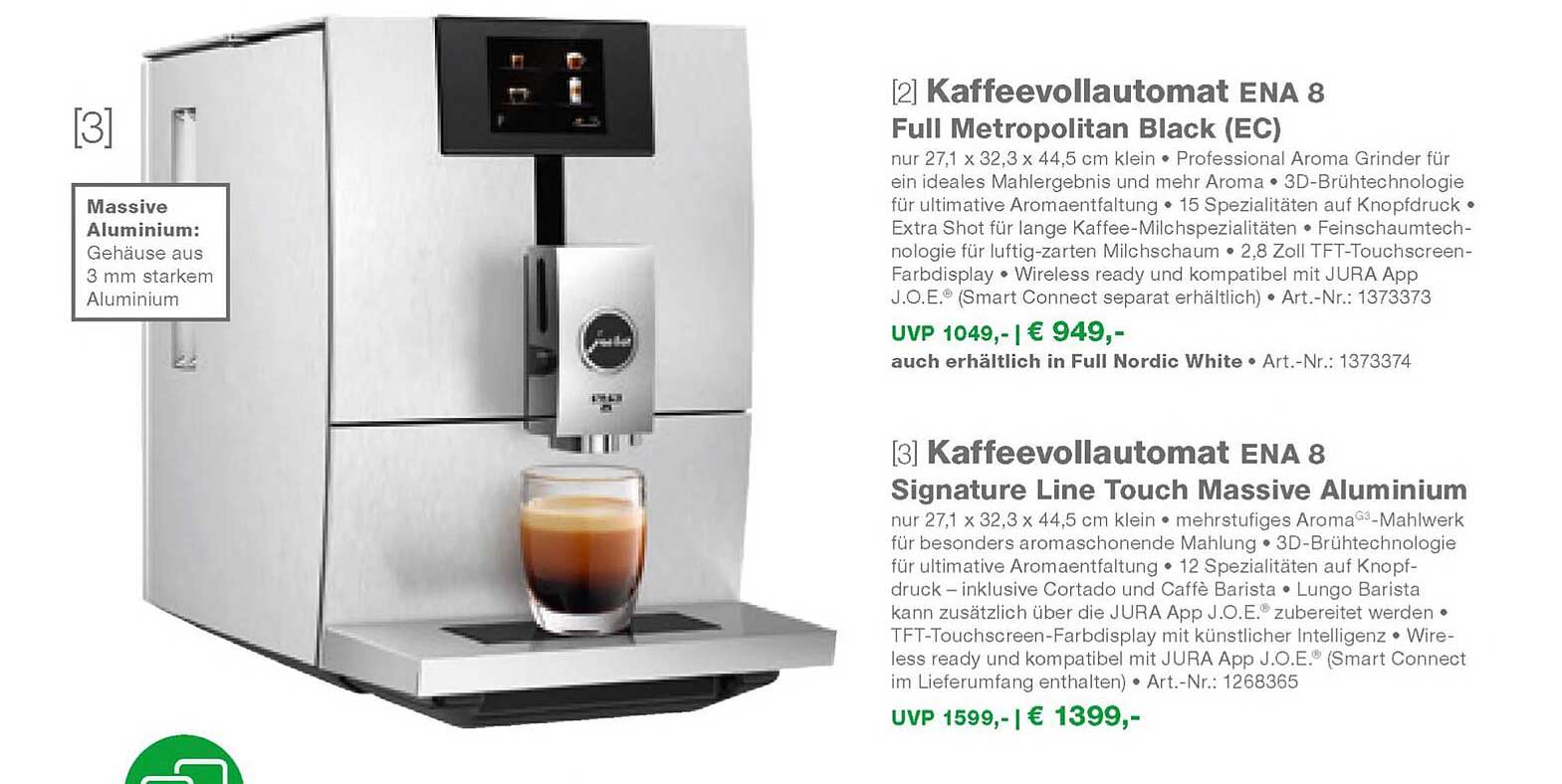 EP Jura Kaffeevollautomat Ena 8 Full Metropolitan Black (ec) Oder Ena 8 Signature Line Touch Massive Aluminium