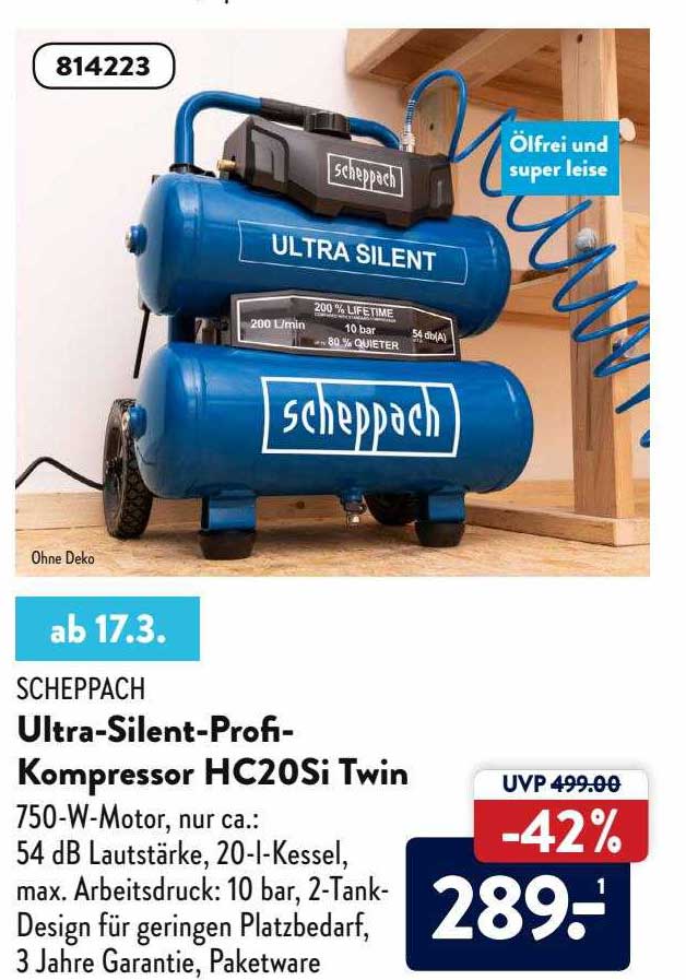 Scheppach Ultrasilentprofikompressor Hc20si Twin Angebot bei ALDI