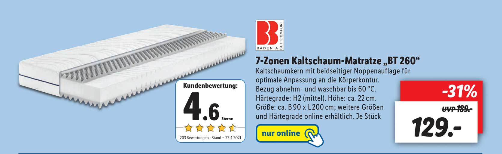 Badenia Trendline 7 Zonen Kaltschaummatratze „BT 260” Angebot bei Lidl