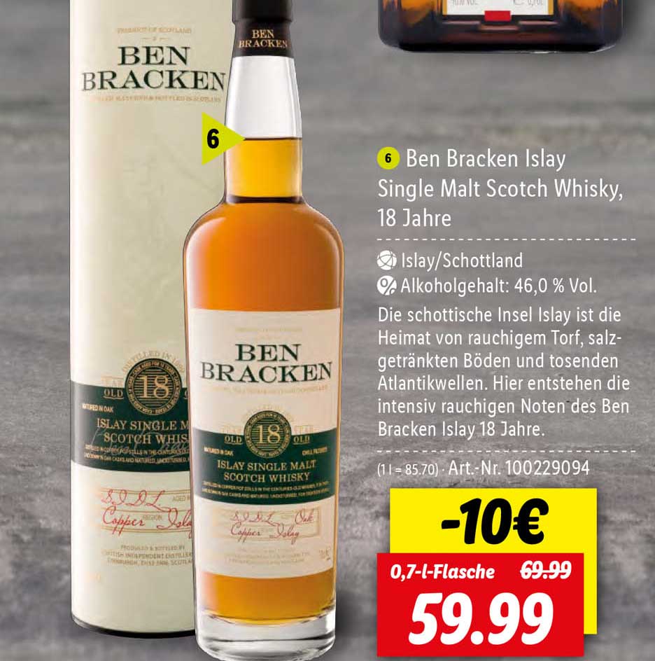 Angebot bei Scotch Whisky, 18 Ben Islay Lidl Jahre Malt Single Bracken