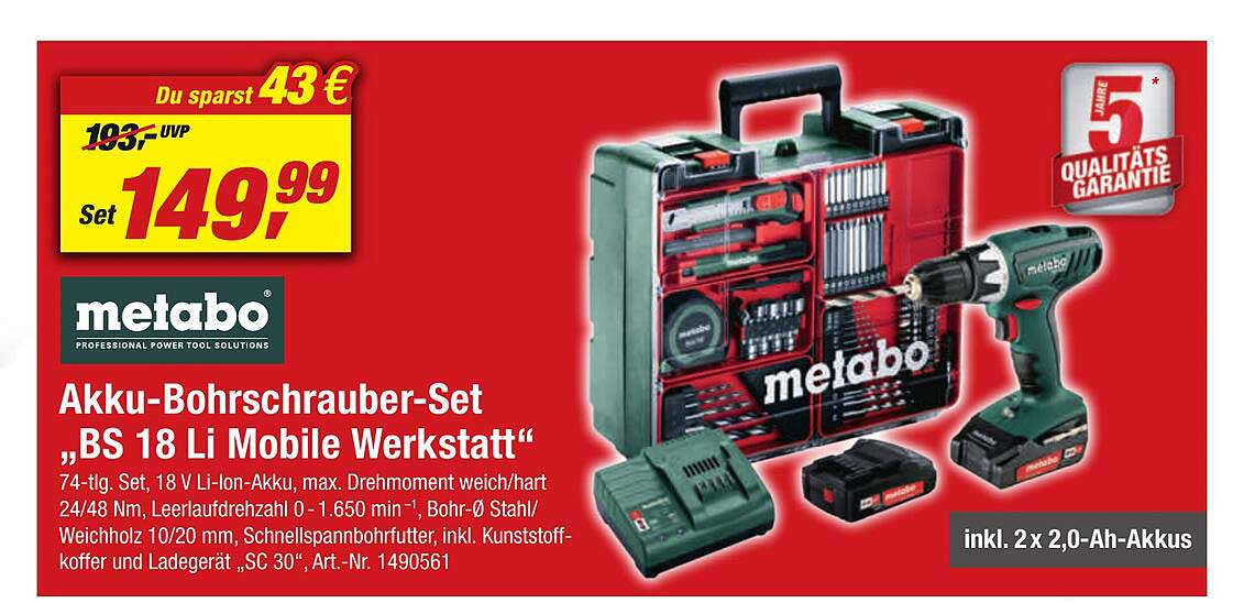 Metabo Akkubohrschrauberset „bs 18 Li Mobile Werkstatt“ Angebot bei